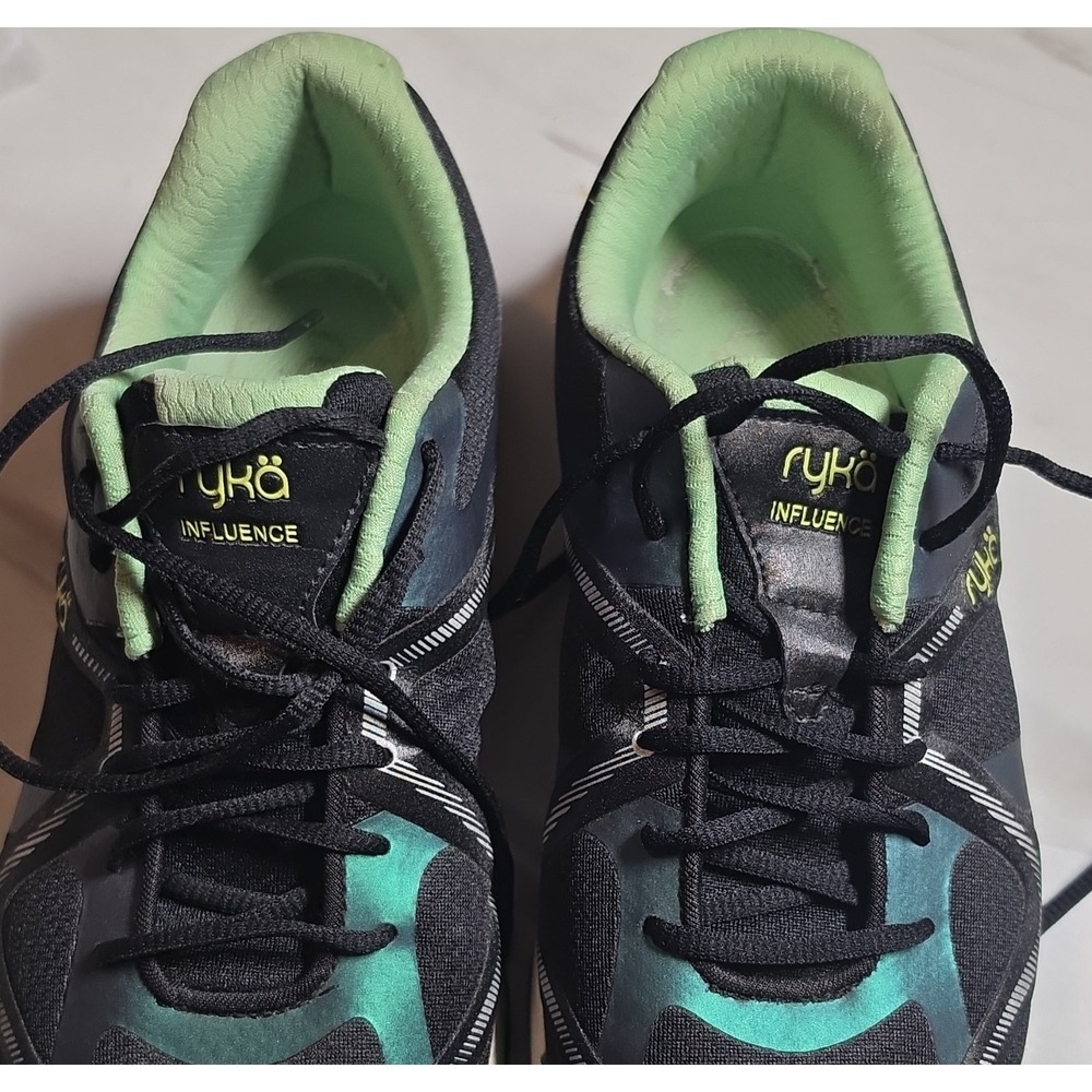 Ryka Influence Black/Green Colorblock Low Top Lace Up Mesh Women's Wide Sneakers